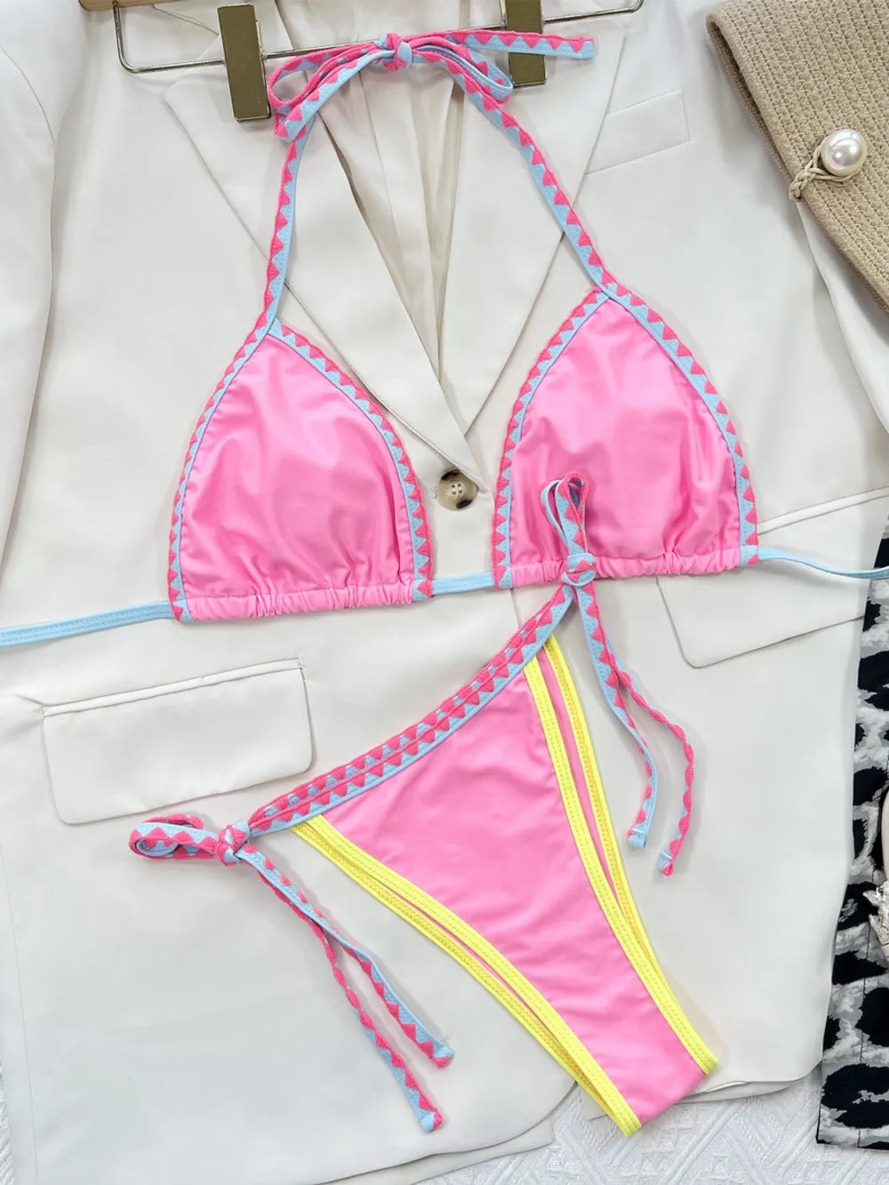 Cotton Candy Trim Halter Neck Bikini Set