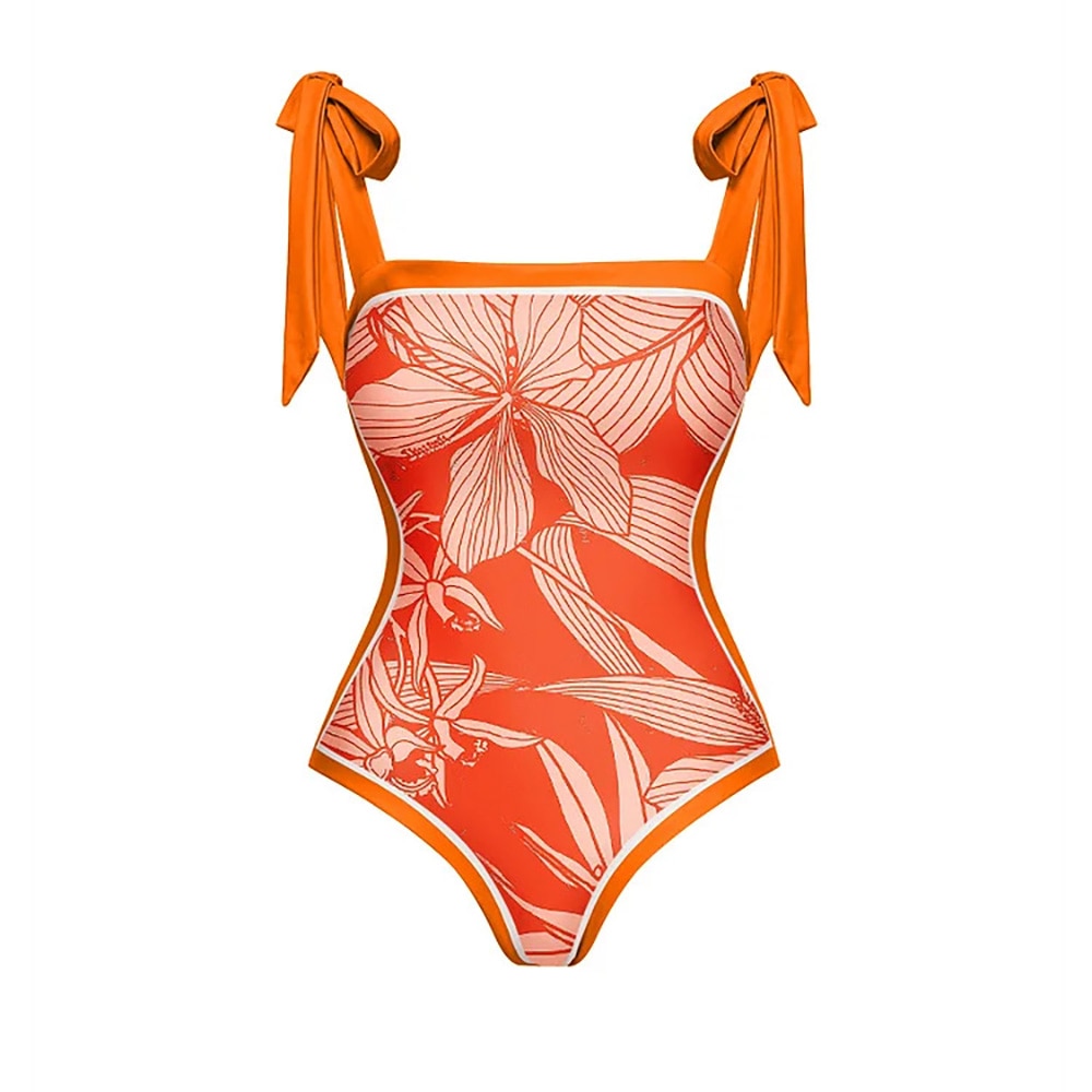 Orange colorblock one‑piece swimsuit with bowknot straps.