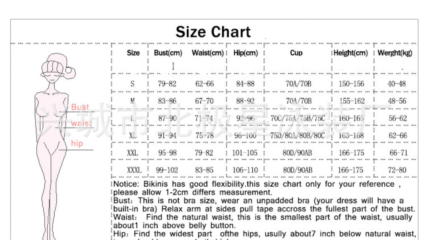 Size chart for clothing with measurements in centimeters and inches