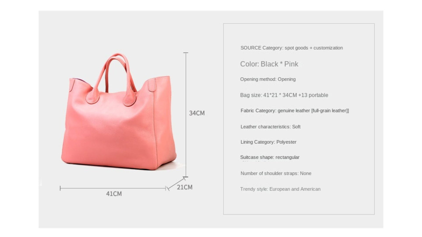 Pink handbag with dimensions on a white background