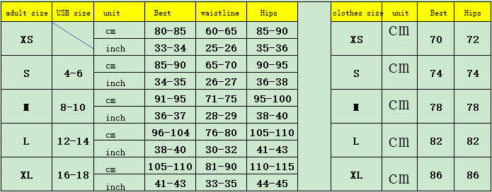 Measurement chart comparing adult and child sizes in centimeters and inches.