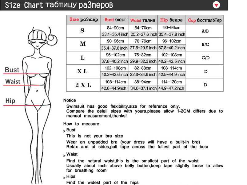 Size chart for swimwear with measurements and a diagram of a woman's body.