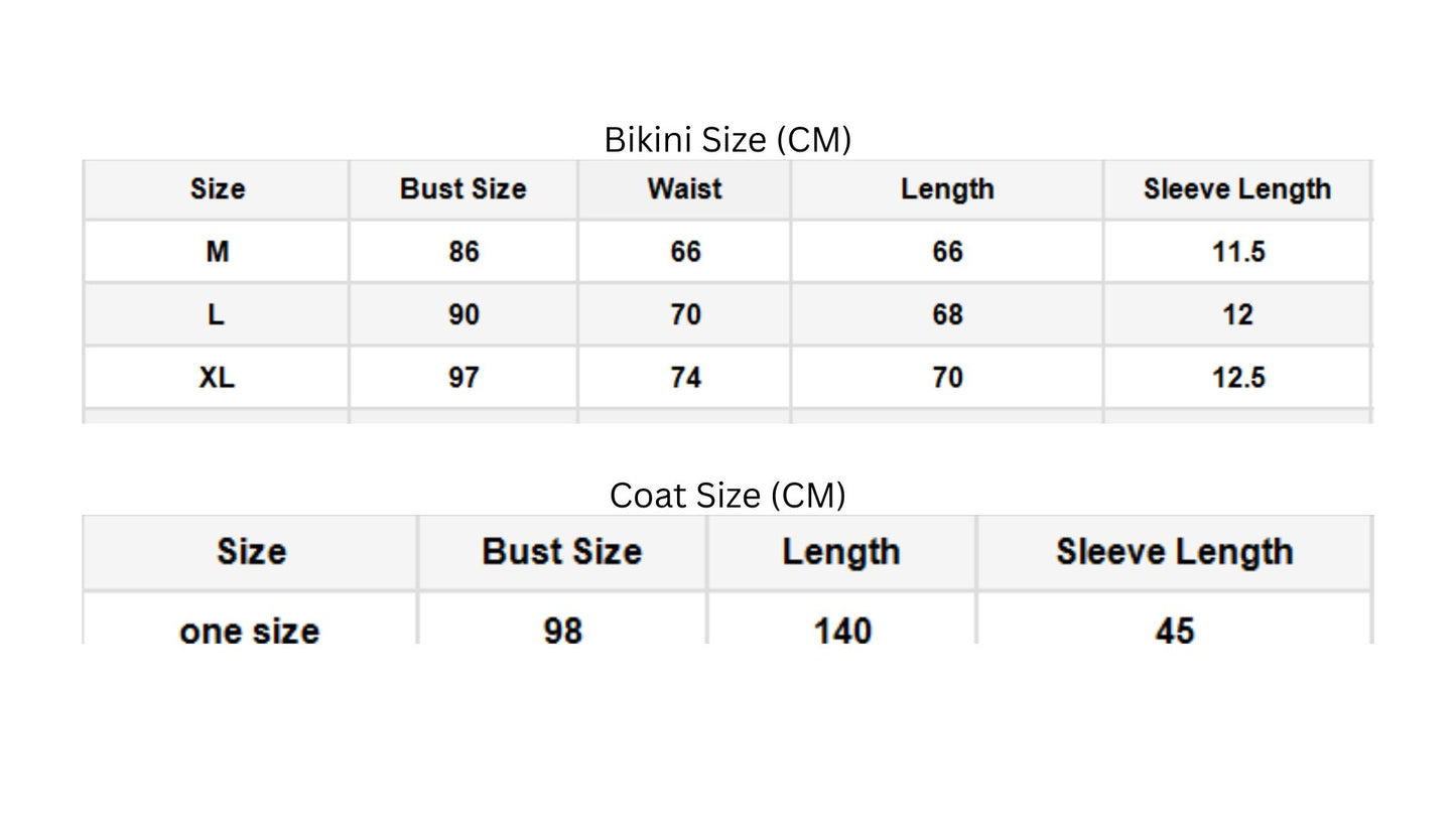 Size chart for bikinis and coats with measurements in centimeters.
