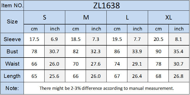 Size chart for clothing item ZL1638 with measurements in centimeters and inches.