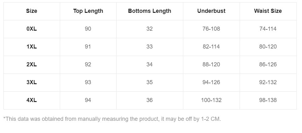 Size chart for clothing with measurements in centimeters