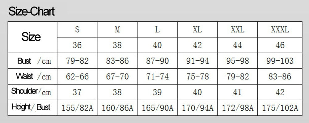 Size chart for clothing with measurements in centimeters