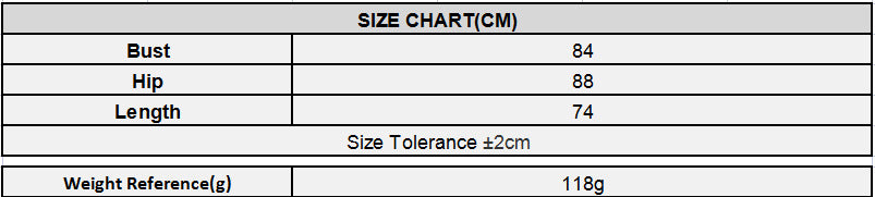 Size chart in centimeters with measurements for bust, hip, and length, along with a weight reference.