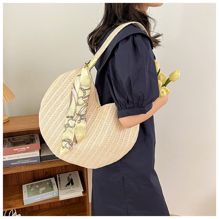 Women's Beige Straw Tote Shoulder Handbag Canvas Bag