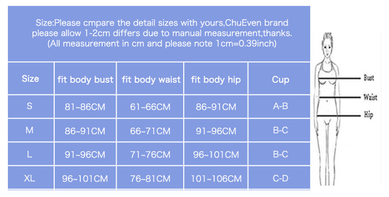 Size chart for clothing with measurements in centimeters, including a diagram of a person for reference.