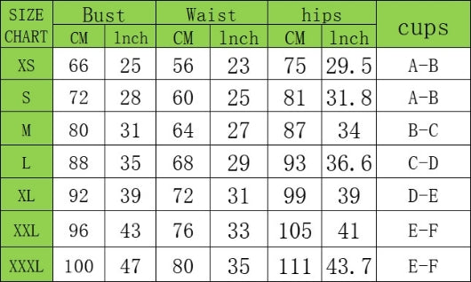Size chart for bust, waist, and hips with corresponding cup sizes.