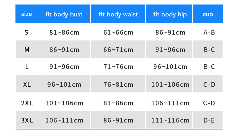 Size chart for clothing with measurements in centimeters and cup sizes.