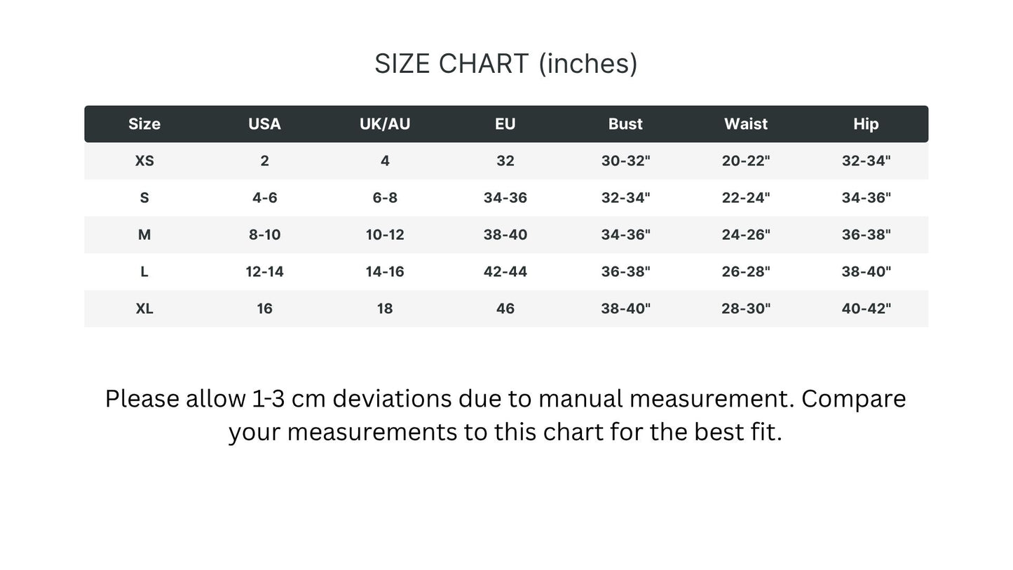 Size chart for clothing measurements in inches with deviations noted.