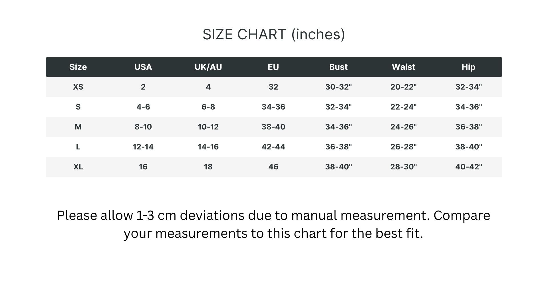 Size chart for clothing measurements in inches with deviations noted.