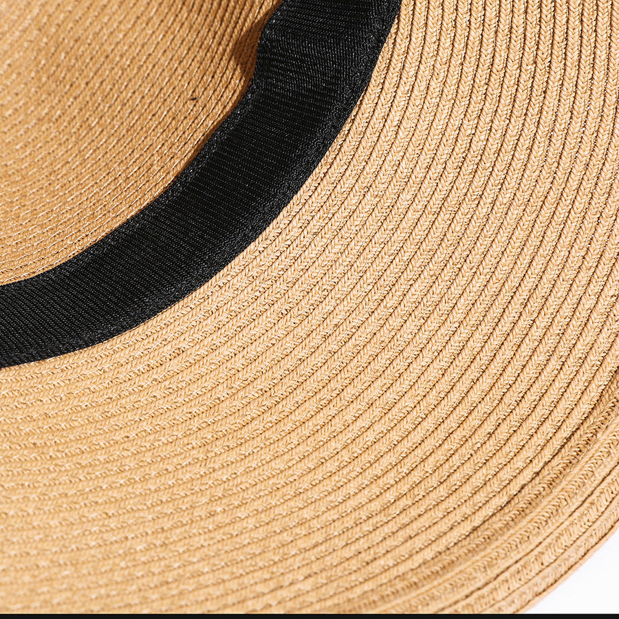 Close-up of a straw hat with a black band