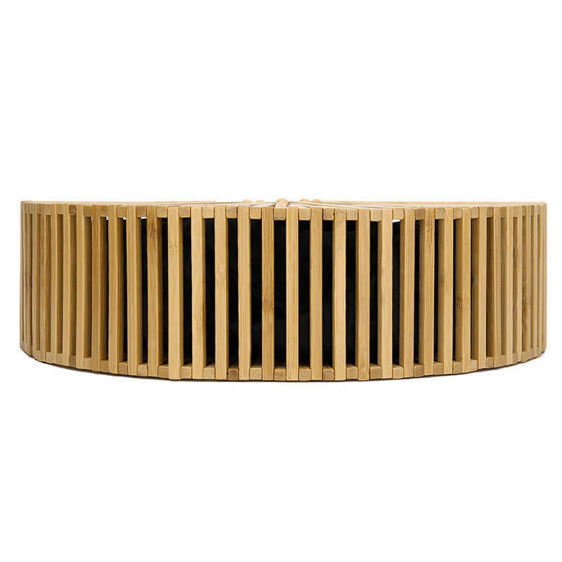 Wooden circular bench with slatted design on a white background