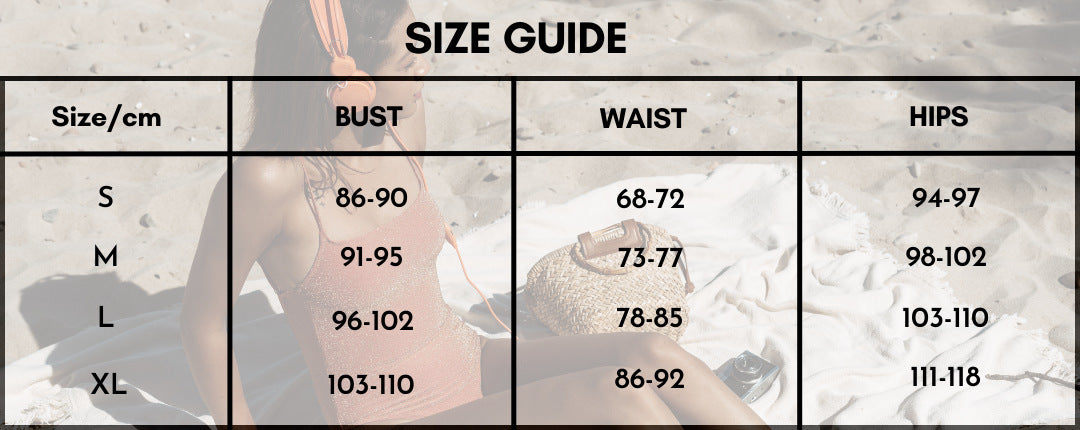 Size guide for clothing with measurements in centimeters and inches.