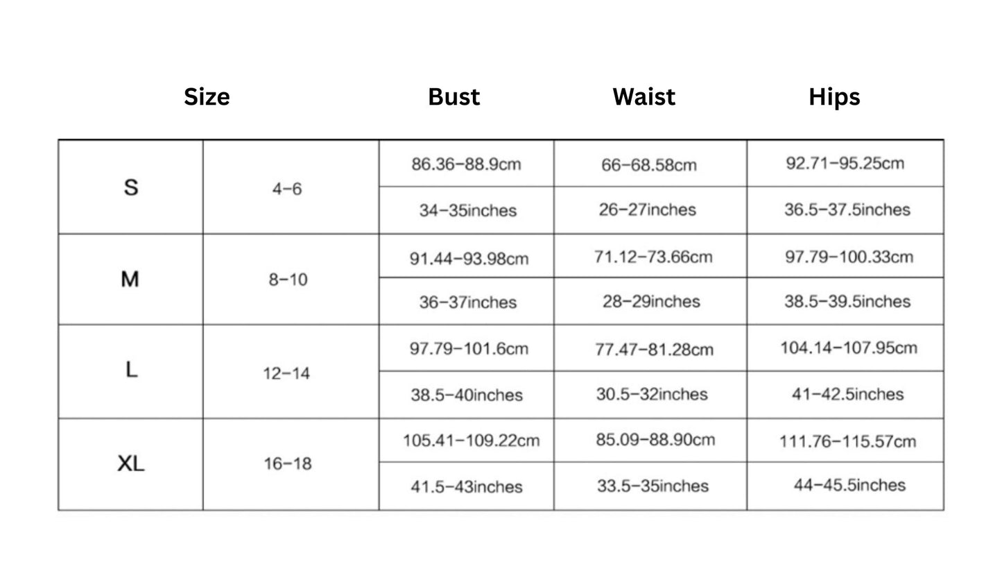 Size chart for clothing with measurements in centimeters and inches.