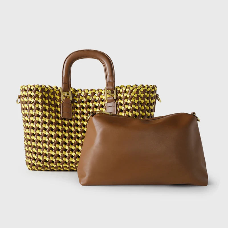 Two handbags, one woven yellow and brown and the other plain brown, on a light gray background.