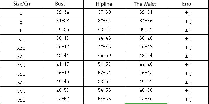 Table displaying size chart for bust, hipline, and waist measurements with error margins.