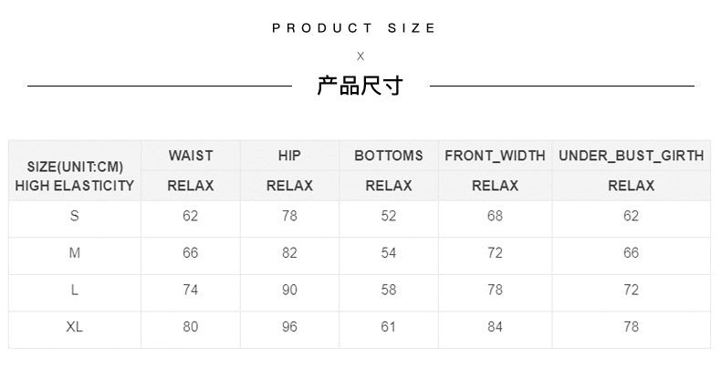 Product size chart for waist, hip, and bottom relax measurements with unit cm.