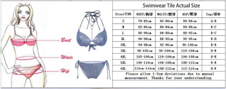 Swimwear size chart with measurements and a diagram of a woman wearing a bikini.