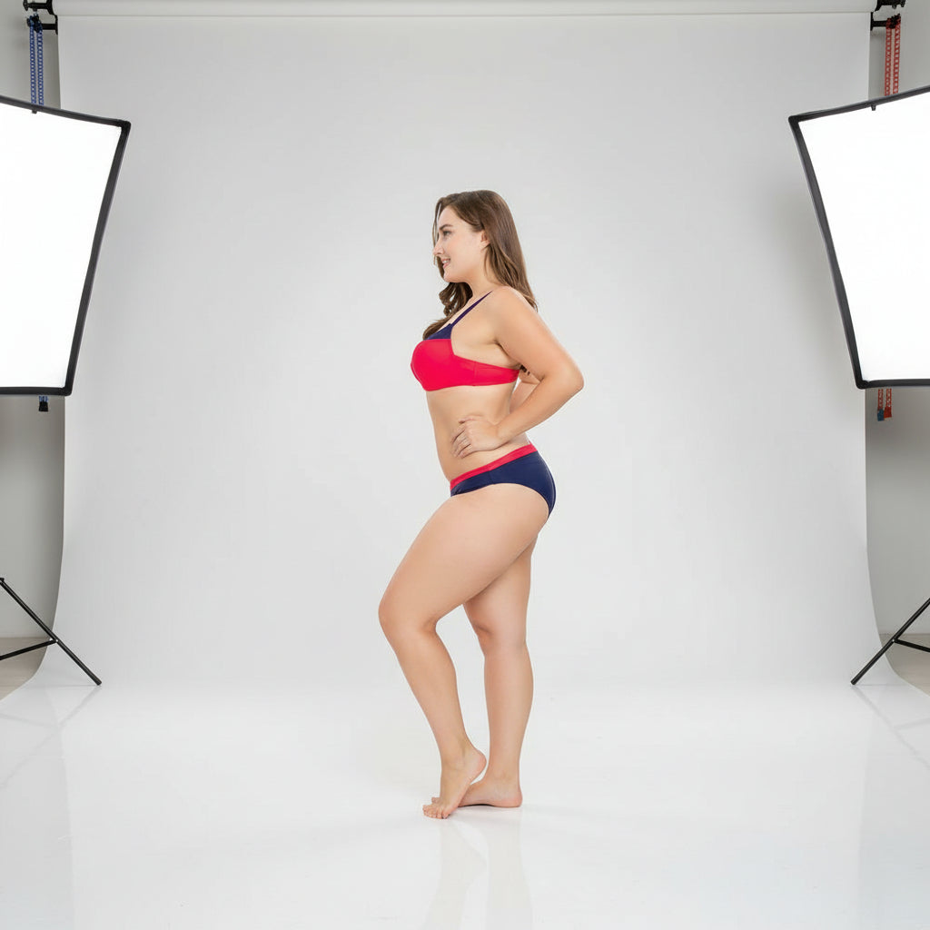 Woman wearing a red and blue bikini on a white background. Sold at PeachyBeanz.