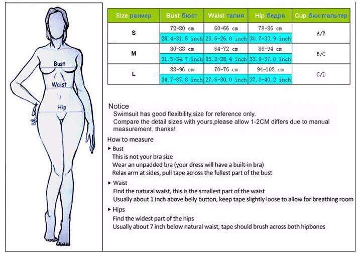 Size chart for swimwear with a diagram of a woman and measurement guide.