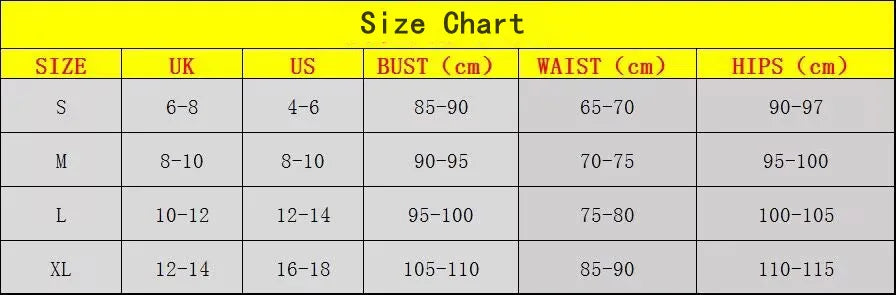 Size chart for clothing measurements in UK, US, cm.