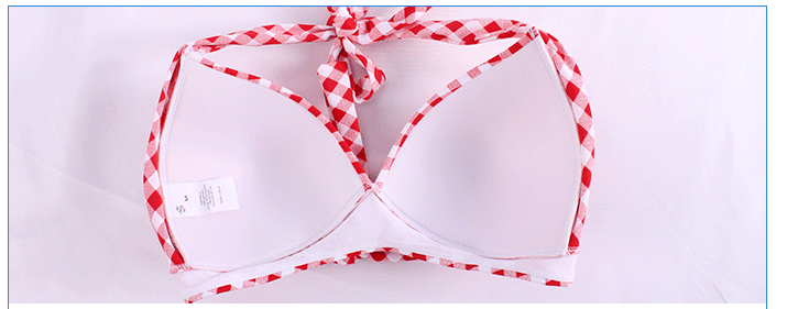 Red and white checkered bikini top on a white background
