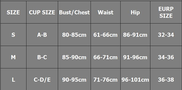 Size chart for women's clothing with measurements in centimeters and European sizes.