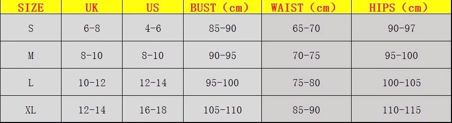 Size chart for clothing with measurements in UK, US, bust, waist, and hips.
