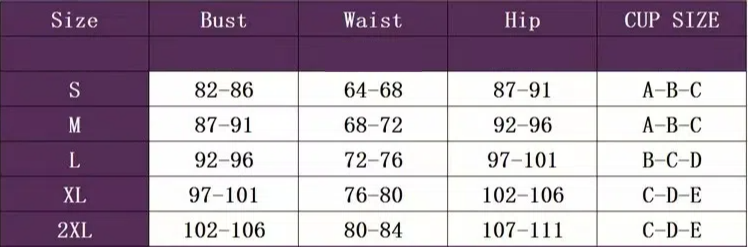 Size chart with bust, waist, hip measurements and cup size labels.