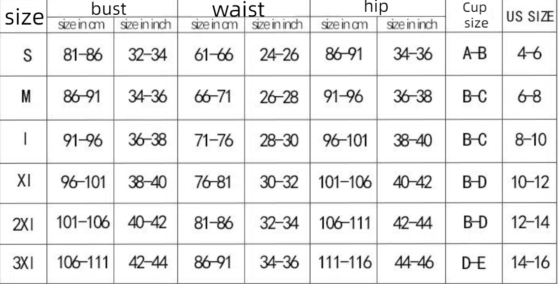 Size chart for clothing measurements including bust, waist, and hip in both centimeters and inches.