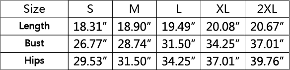 Table displaying clothing size chart with measurements for length, bust, and hips.