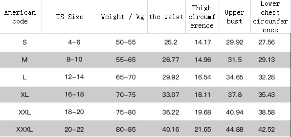 Table showing size chart for American clothing with measurements in inches and weight ranges.
