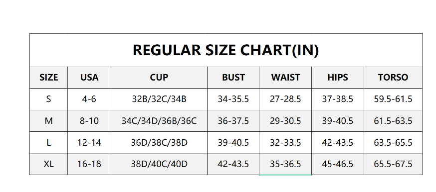 Size chart for women's clothing with measurements in inches.
