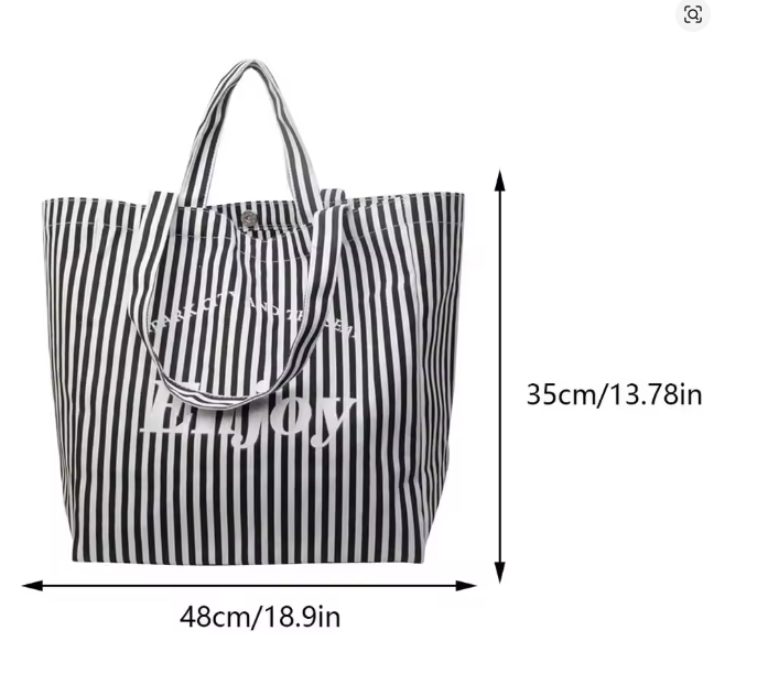 Black and white vertically striped tote bag with white text reading 'Enjoy' and 'stay with nature' on the front, shown with dimension arrows and labels indicating 48cm width and 35cm height on a white background.