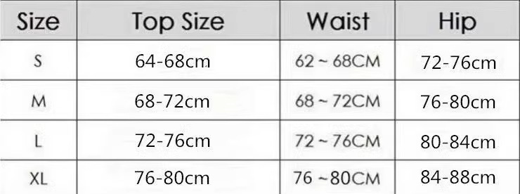 Size chart for top measurements including size, top size, waist, and hip measurements.