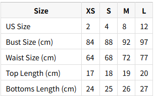 Size chart for clothing with US size, bust, waist, top length, and bottoms length measurements.