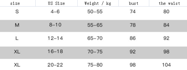 Size chart with US size, weight range, bust, and waist measurements.