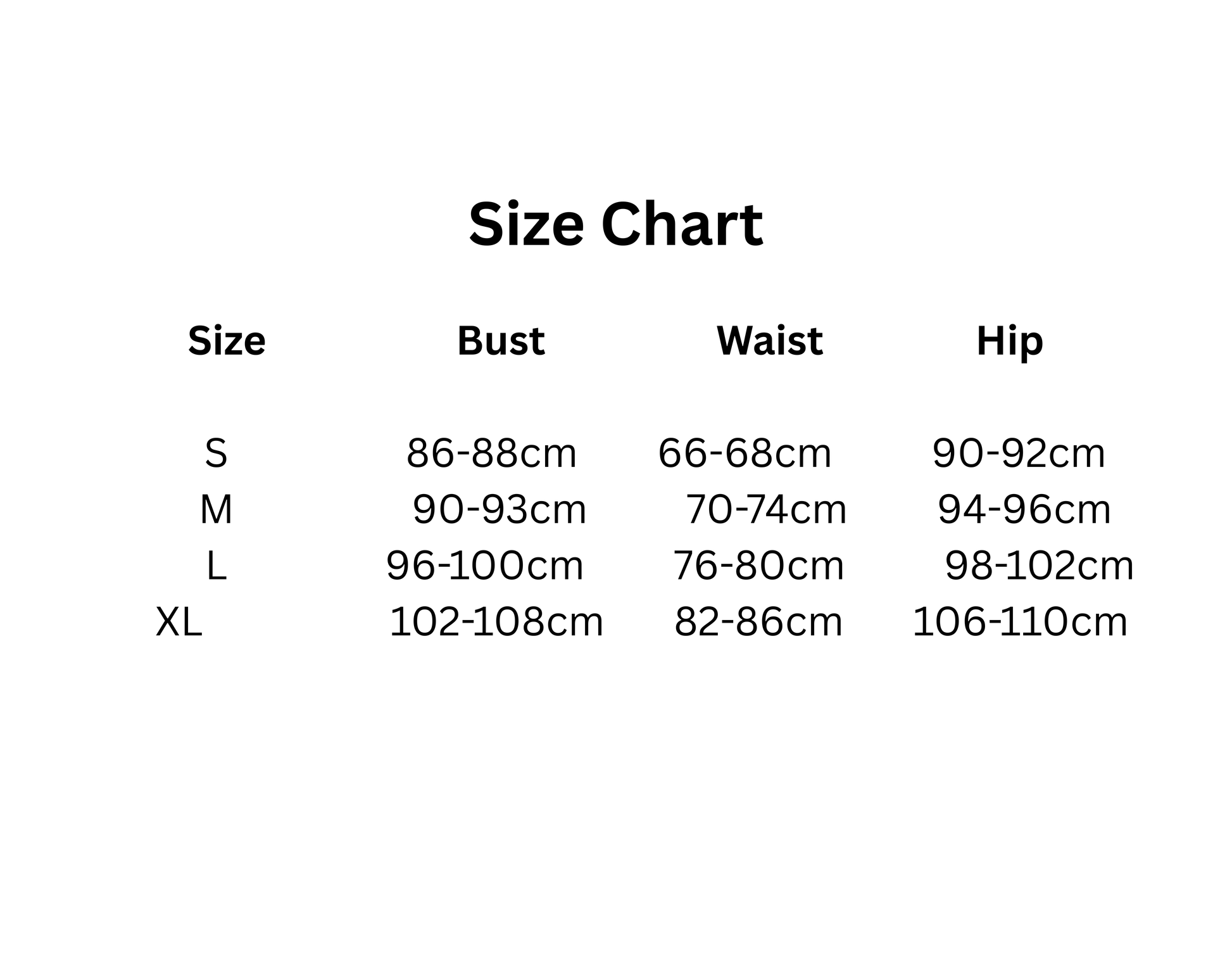 Size chart for clothing with measurements in centimeters