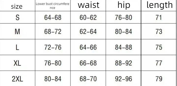Table displaying size chart for bust, waist, hip, and length measurements.