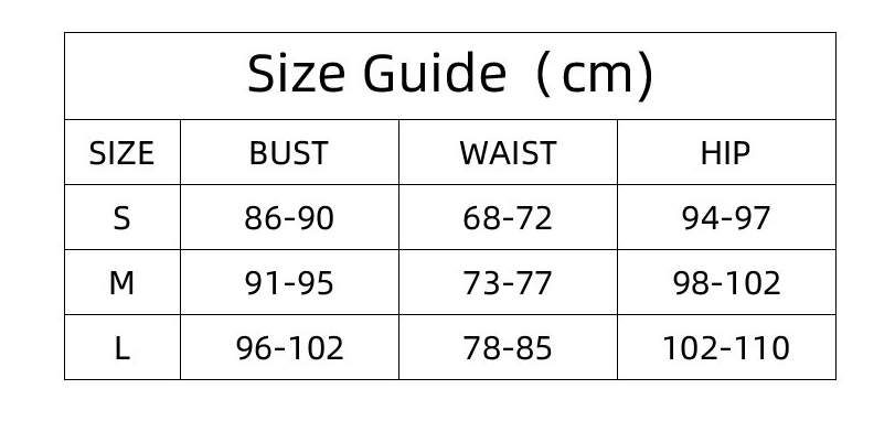 Size guide chart for clothing measurements in centimeters