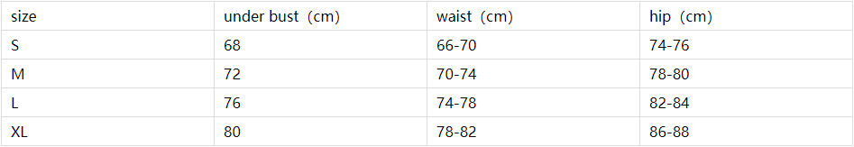 Size chart for clothing with measurements in centimeters
