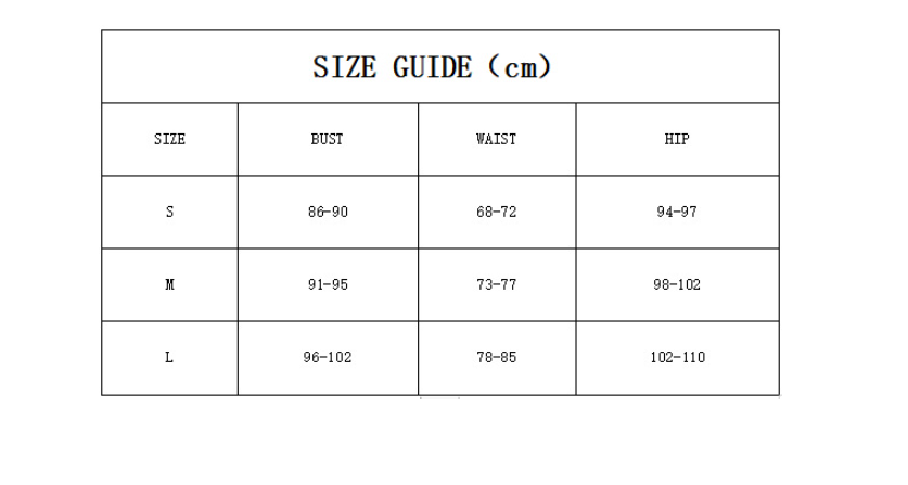 Size guide chart for clothing measurements in centimeters