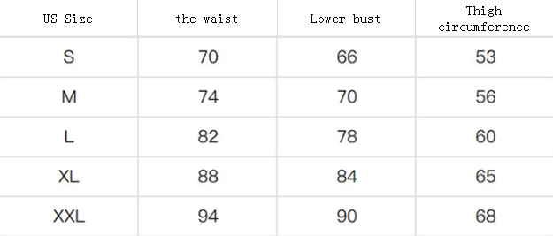 Table displaying clothing measurements for different US sizes with waist, lower bust, and thigh circumference values.