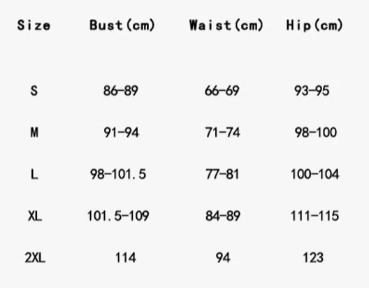 Size chart for clothing with bust, waist, and hip measurements in centimeters.