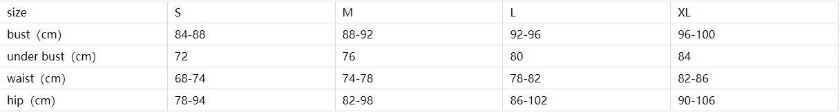 Size chart for clothing with measurements in centimeters