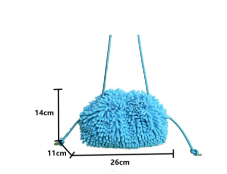 Blue pom-pom with measurement details on a white background