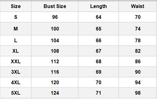 Table displaying clothing size chart with bust, length, and waist measurements.